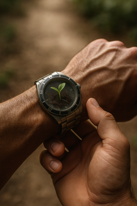 Saatin içinde filizlenen tohum — zaman ve büyüme metaforu